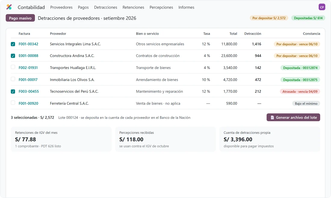 Detracciones del mes por proveedor con su tasa, monto y estado del depósito en el Banco de la Nación