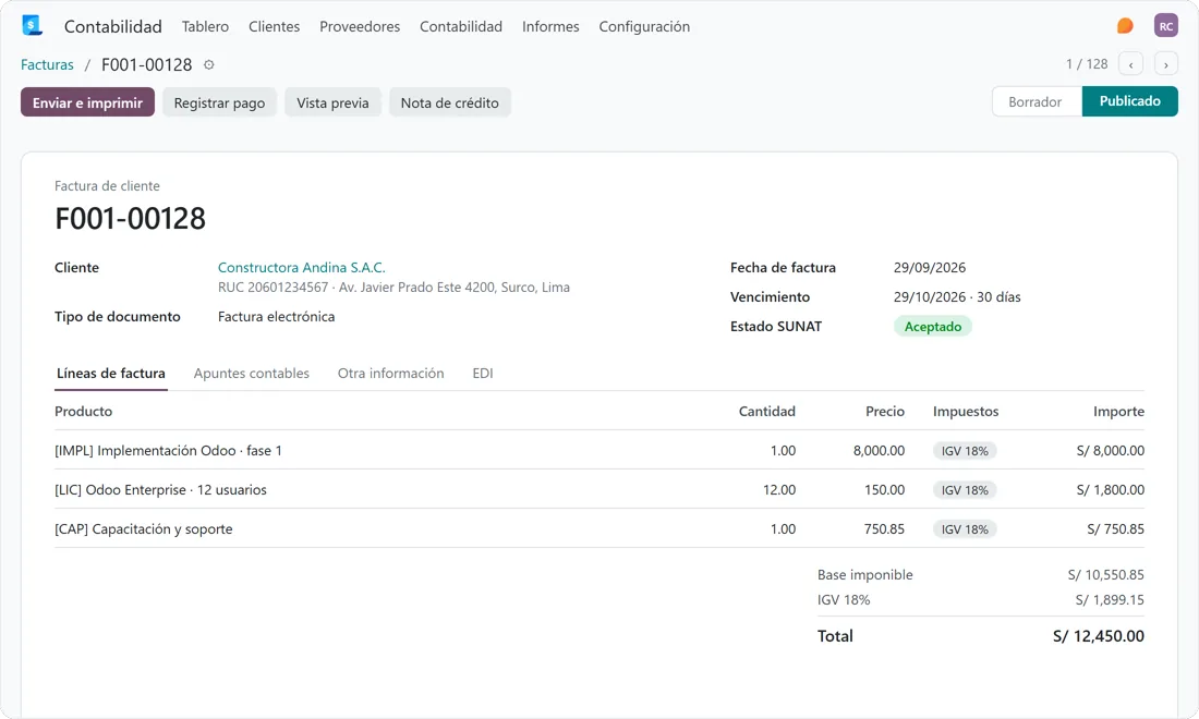 Factura electrónica F001-00128 de Odoo, aceptada por SUNAT