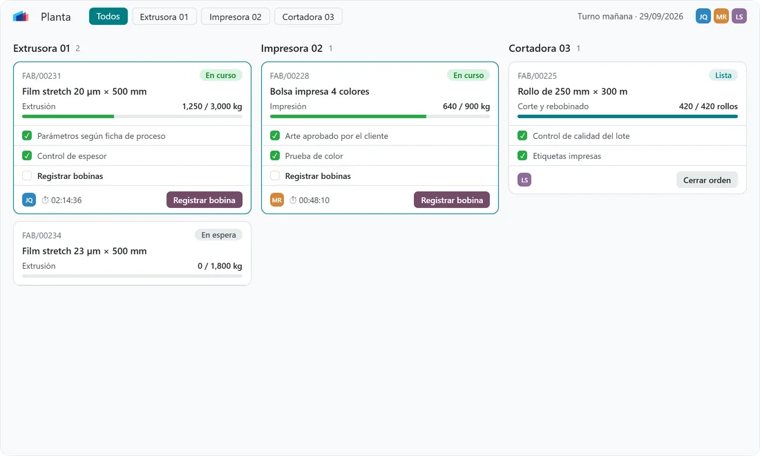 Vista de planta de Odoo con órdenes por máquina y registro de bobinas