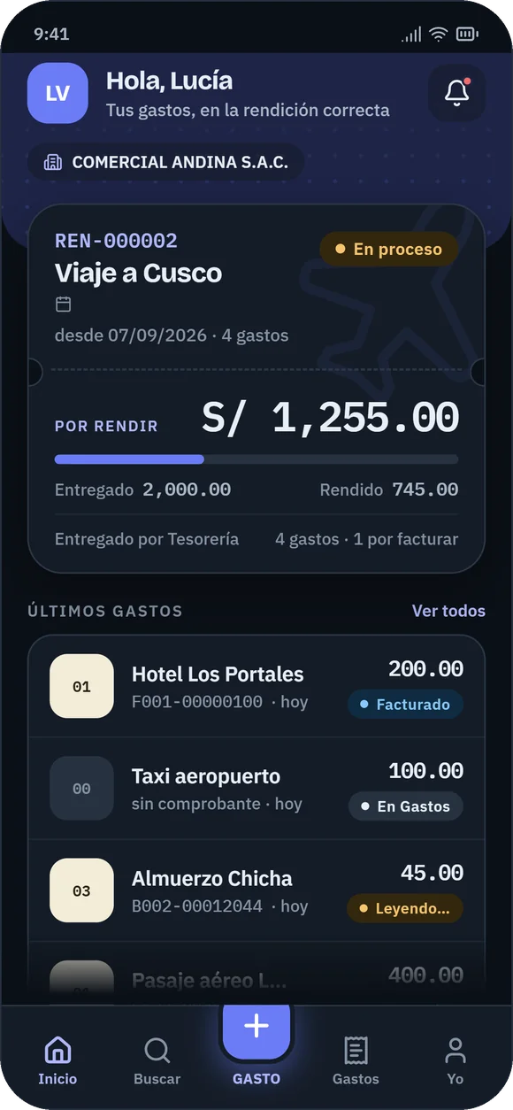 App de gastos con el saldo por rendir de una rendición