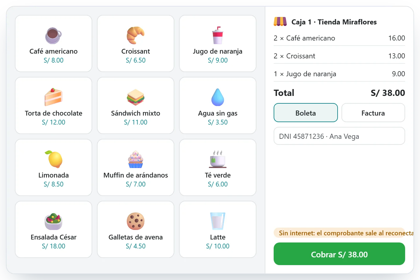 Punto de venta cobrando y emitiendo una boleta electrónica