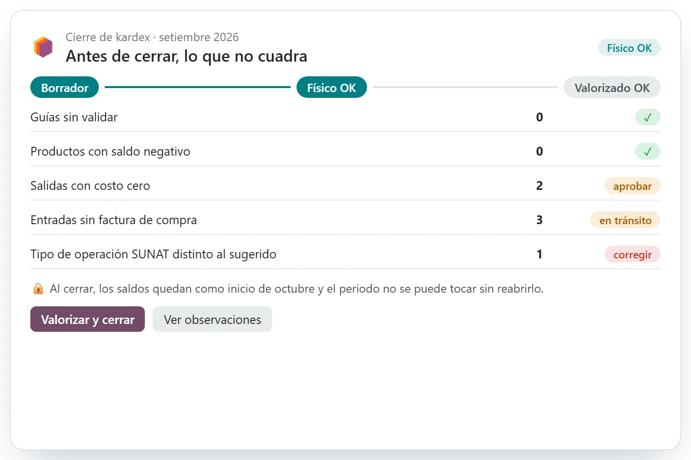 Cierre del kardex con los casos por revisar antes de valorizar
