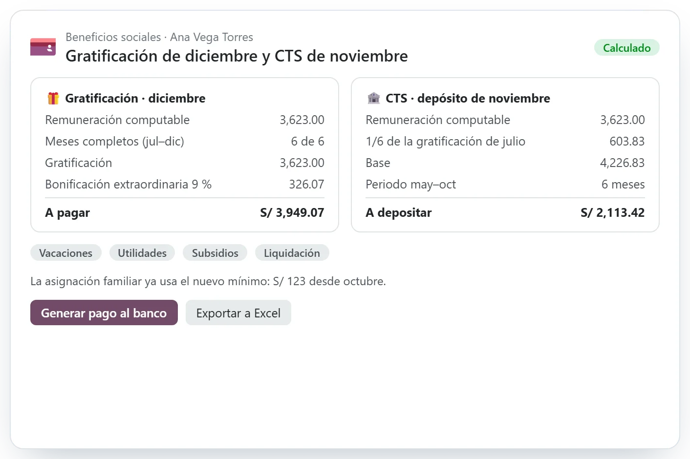 Cálculo de gratificación de diciembre y CTS de noviembre