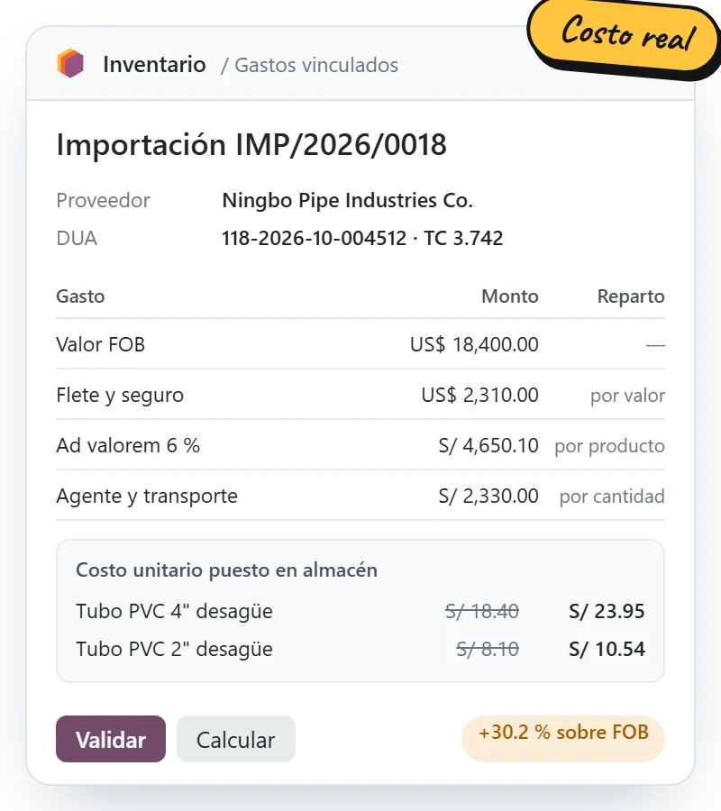 Liquidación de una importación en Odoo con flete, seguro y aduana repartidos al costo