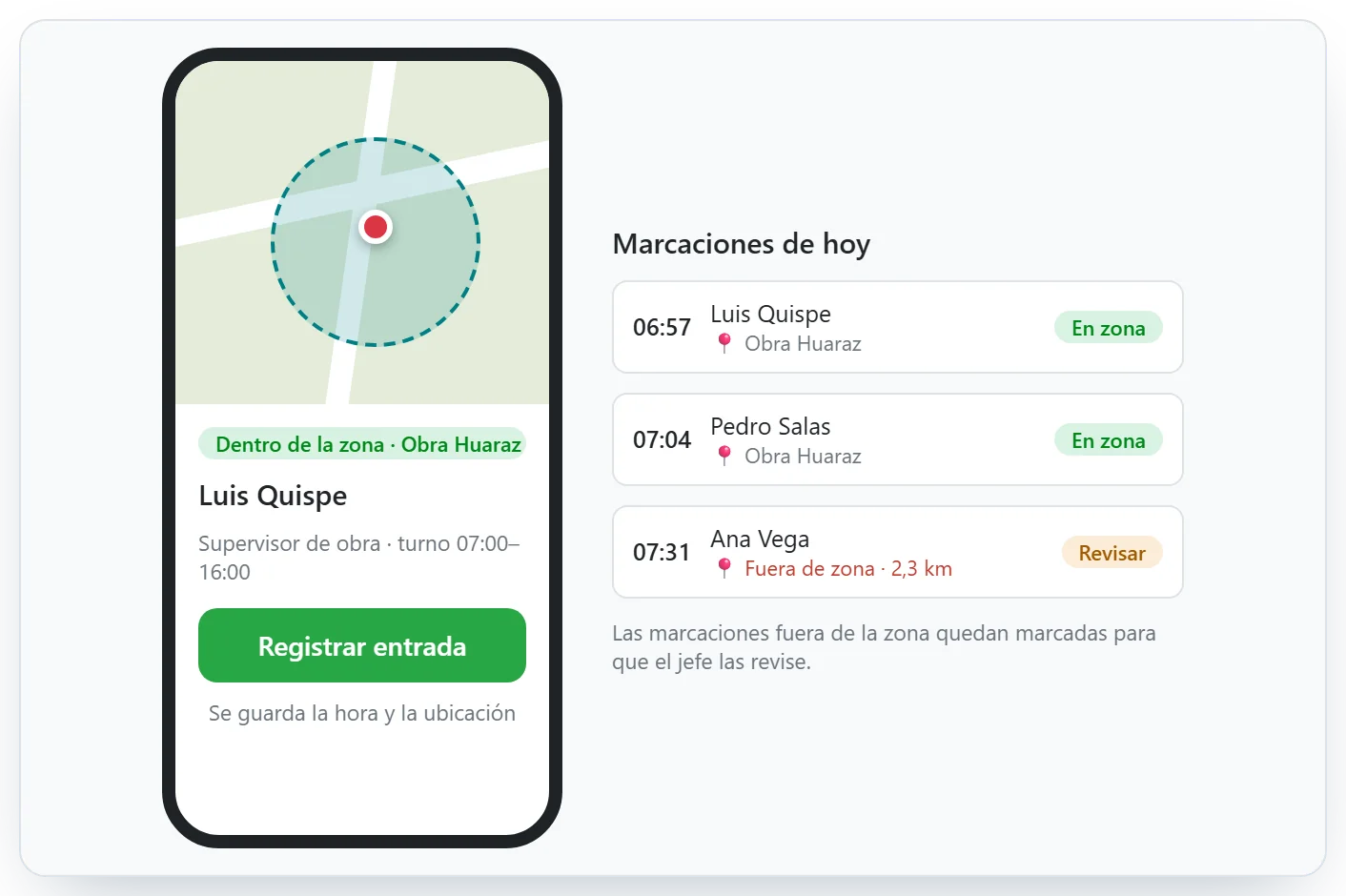 Marcación desde el celular dentro de la zona de la obra
