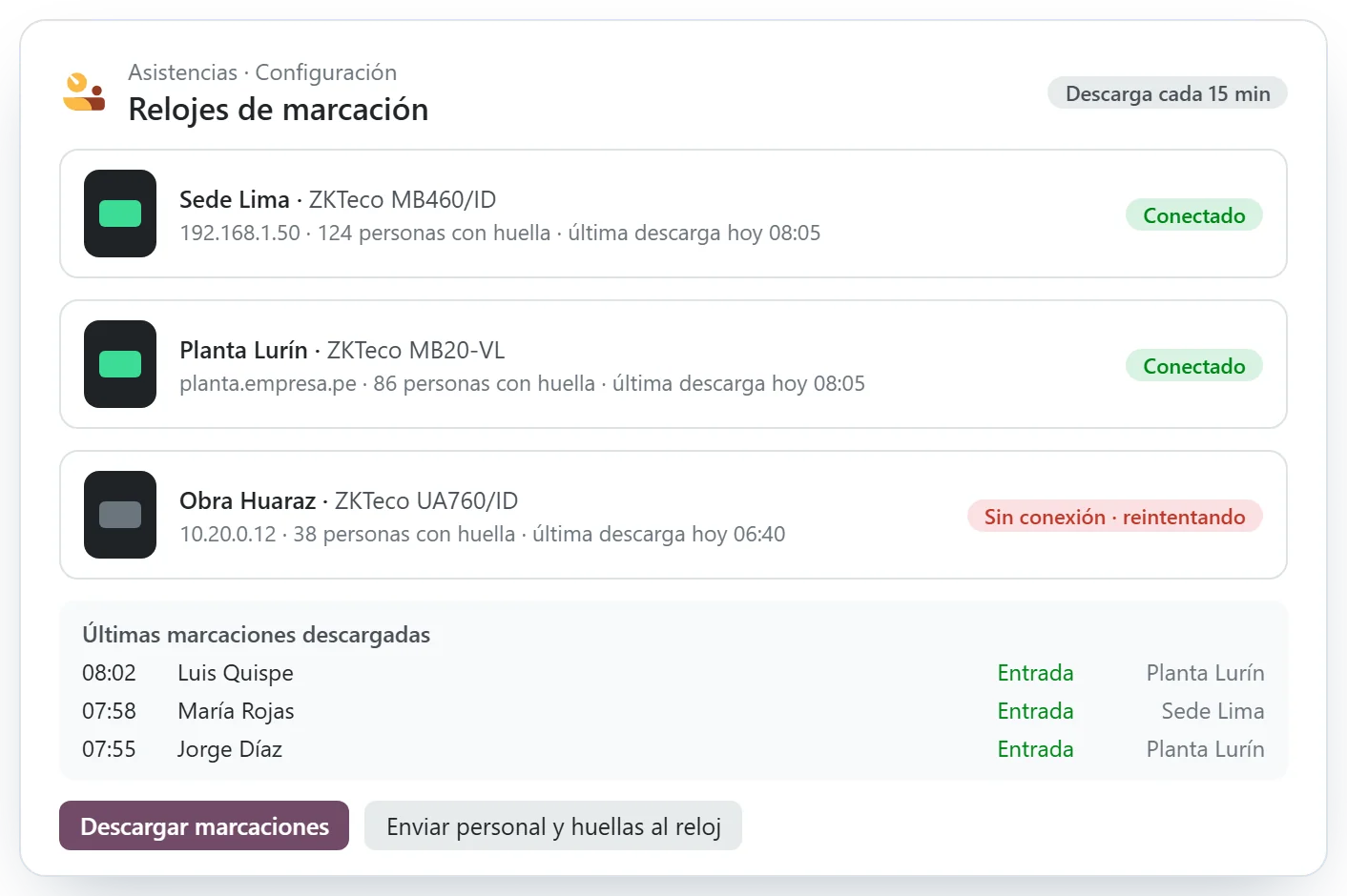 Relojes biométricos conectados a Odoo con sus últimas marcaciones