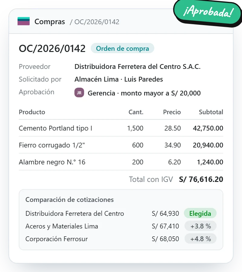 Orden de compra en Odoo aprobada por gerencia, con la comparación de tres cotizaciones