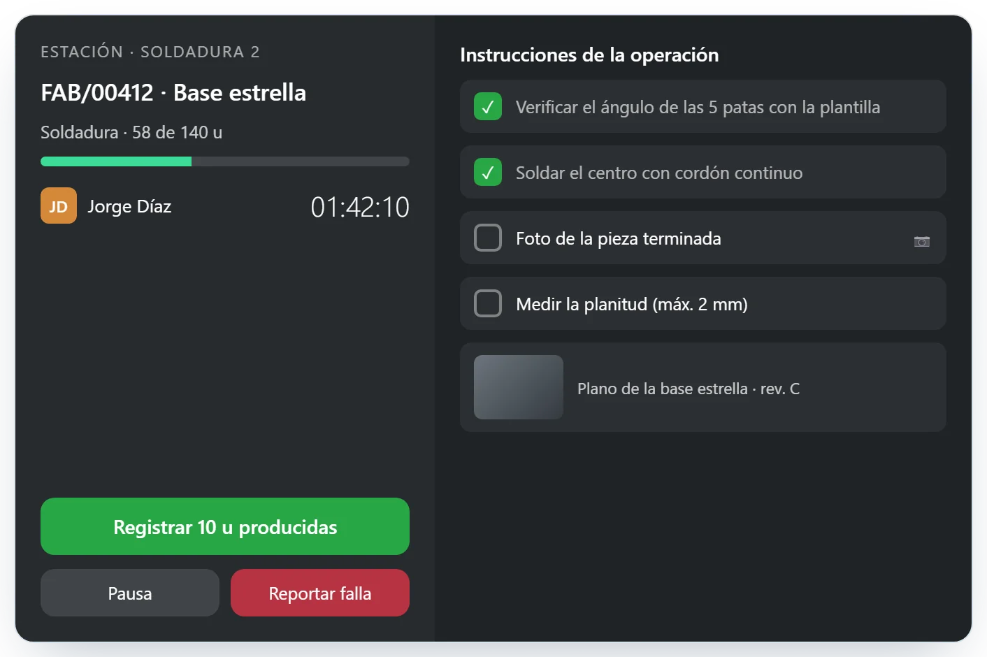 Orden de trabajo en la tablet de una estación de soldadura