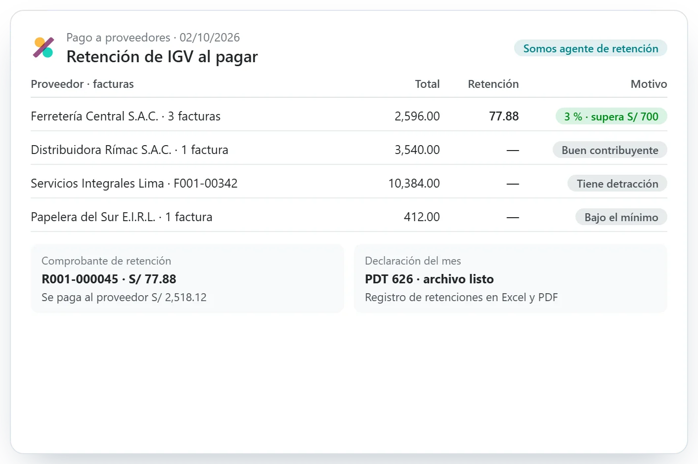 Pago a proveedores con la retención de IGV del 3 % y las excepciones