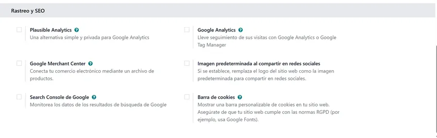 Ajustes de rastreo y SEO del sitio web en Odoo