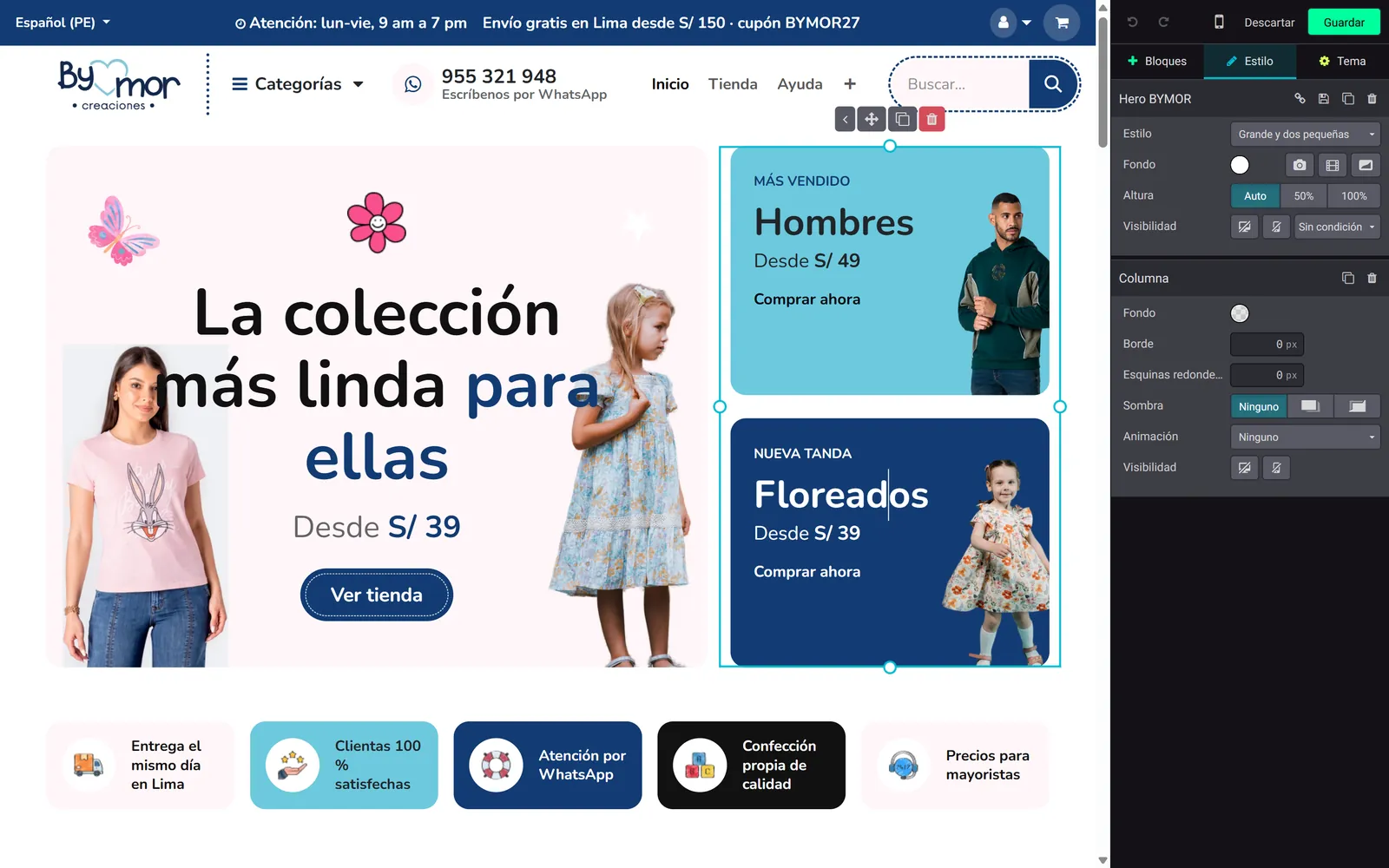 Editor web de Odoo con una tienda de ropa infantil y el panel de estilo del bloque