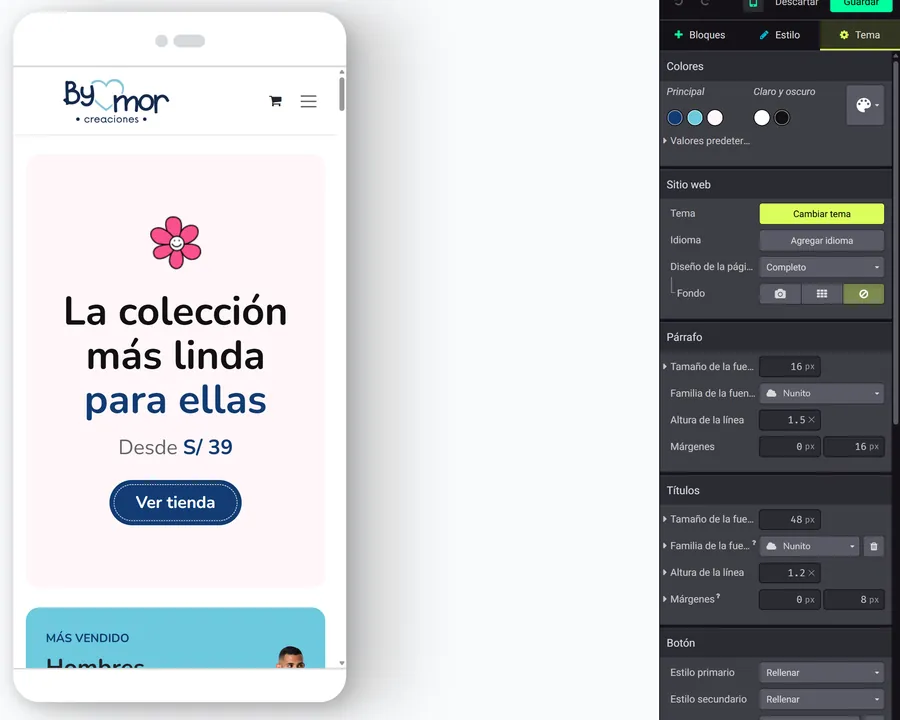 Vista móvil dentro del editor de Odoo