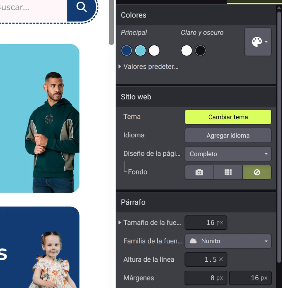 Opciones de tema en el editor de Odoo